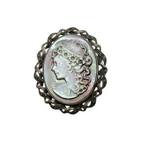Cameo Pin Brooch Marcasite Women Vintage Sterling Silver 925 Carved Abalone MOP